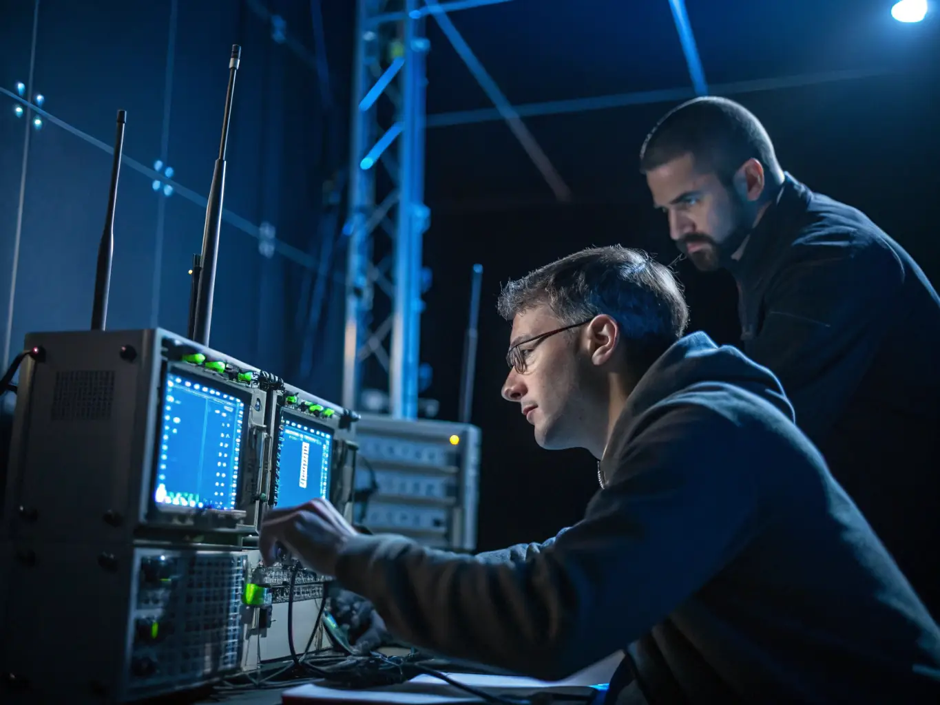 An image of RF testing equipment and engineers conducting tests in a lab, emphasizing the advanced technology and rigorous testing procedures.