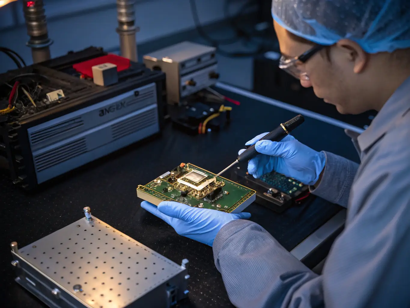 An image showcasing a technician working on a high-tech RF module in a modern lab environment, focusing on the intricate details of the module and the advanced equipment used.