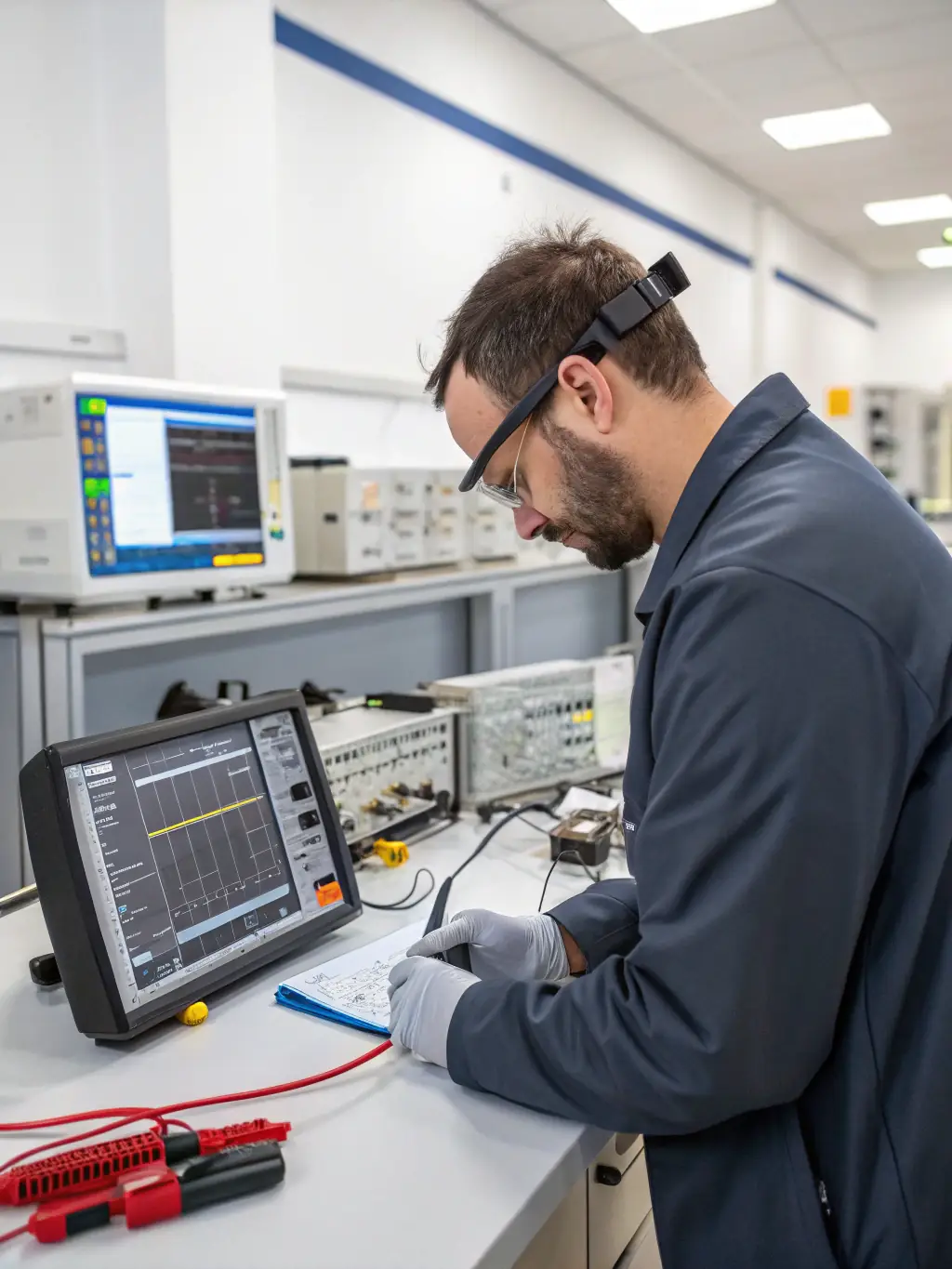 A high-quality image of advanced RF testing equipment in a modern lab, with engineers conducting tests to validate performance and compliance.