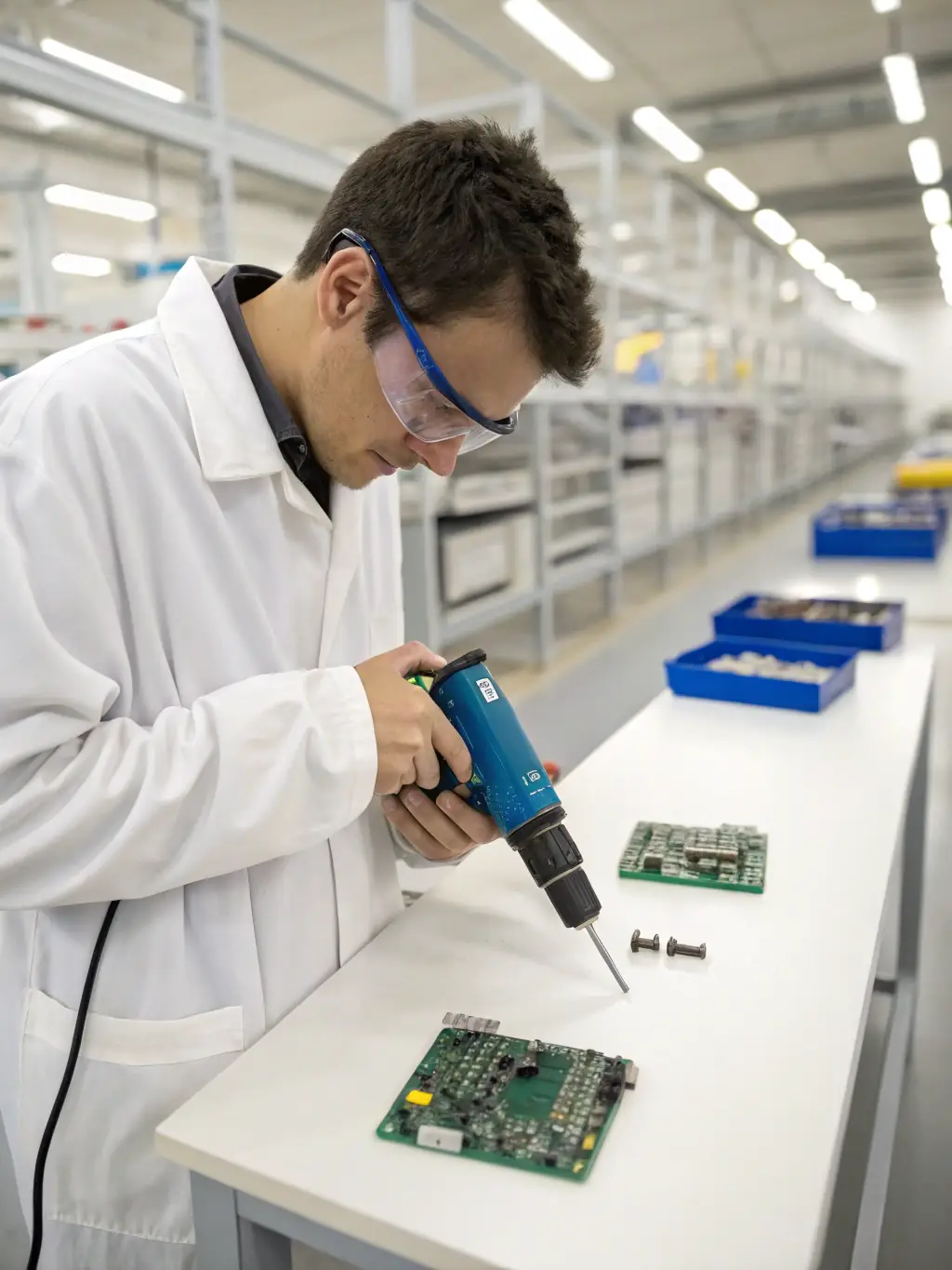 A detailed image of a technician meticulously working on a custom RF module in a state-of-the-art laboratory, showcasing precision and expertise.