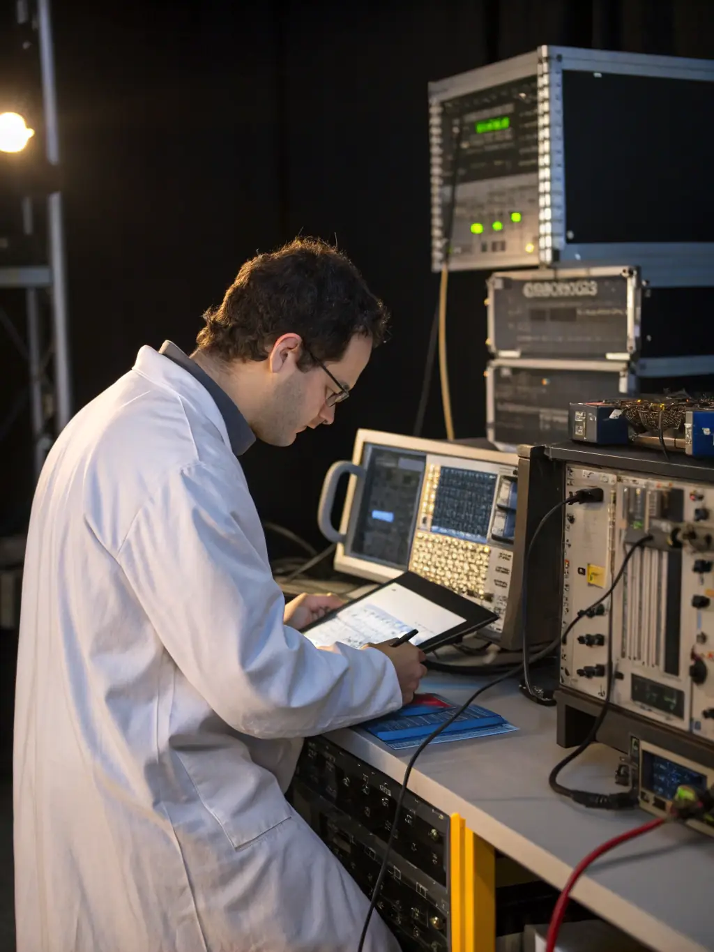 A technician using advanced testing equipment to validate the performance and compliance of an RF solution, set in a state-of-the-art testing facility with various measurement tools visible.