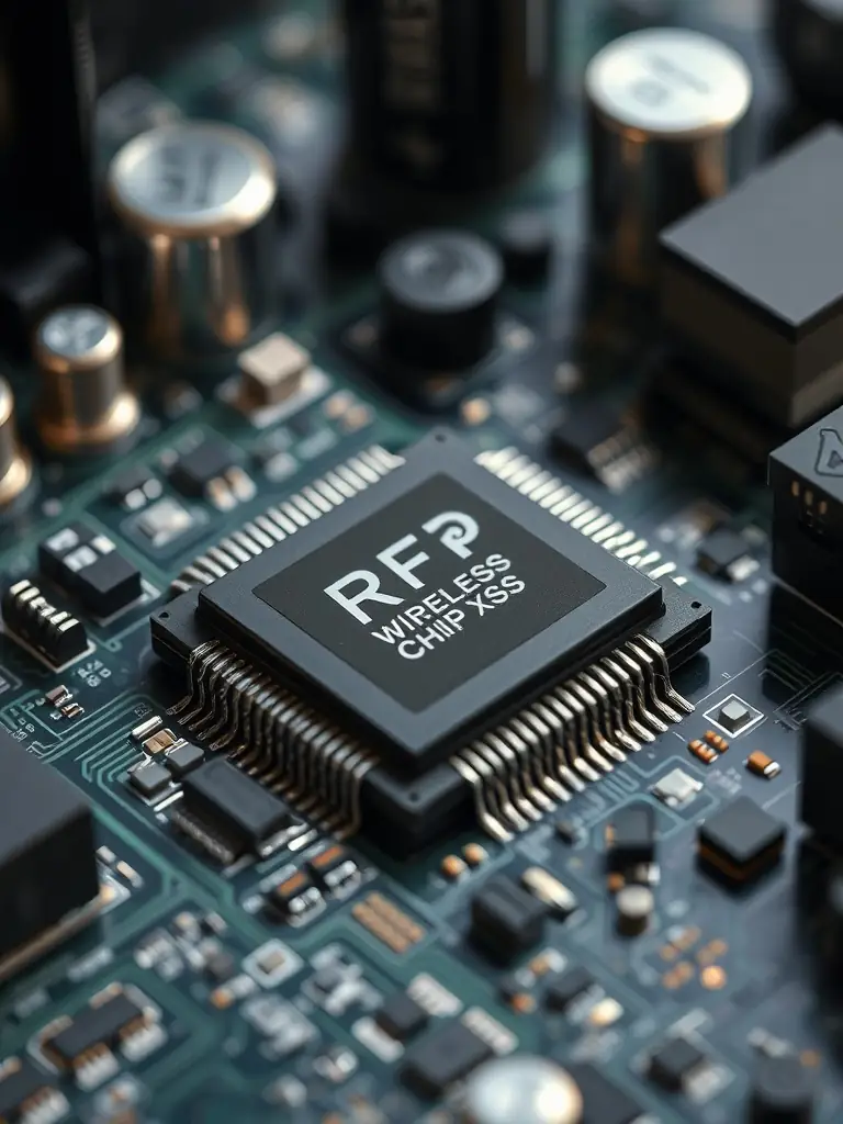 A close-up shot of a custom RF module designed by Smartrfsolutions, showcasing its intricate components and high-quality build, set against a blurred background of an electronics lab.